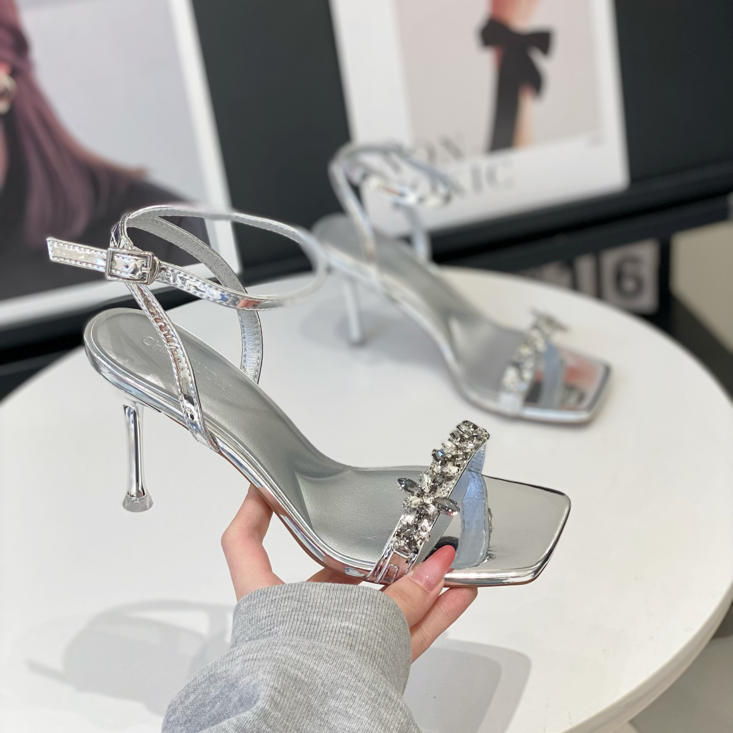 Elegant Water Diamond One-Strap Sandals for Women - 2025 Summer Fairy Style Square Toe Open-Toe High Heels Elegant Water Diamond One-Strap Sandals for Women - 2025 Summer Fairy Style Square Toe Open-Toe High Heels