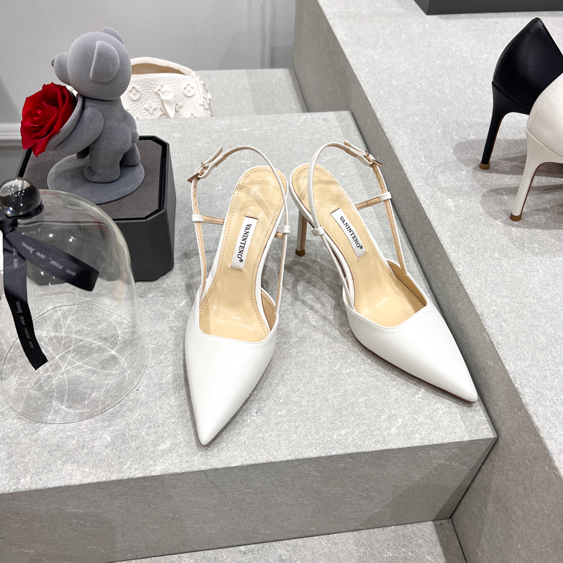 Elegant White High-Heeled Sandals for Women, Genuine Leather, Pointed Toe, Fine Heels, Stylish Work Flats, Office Chic