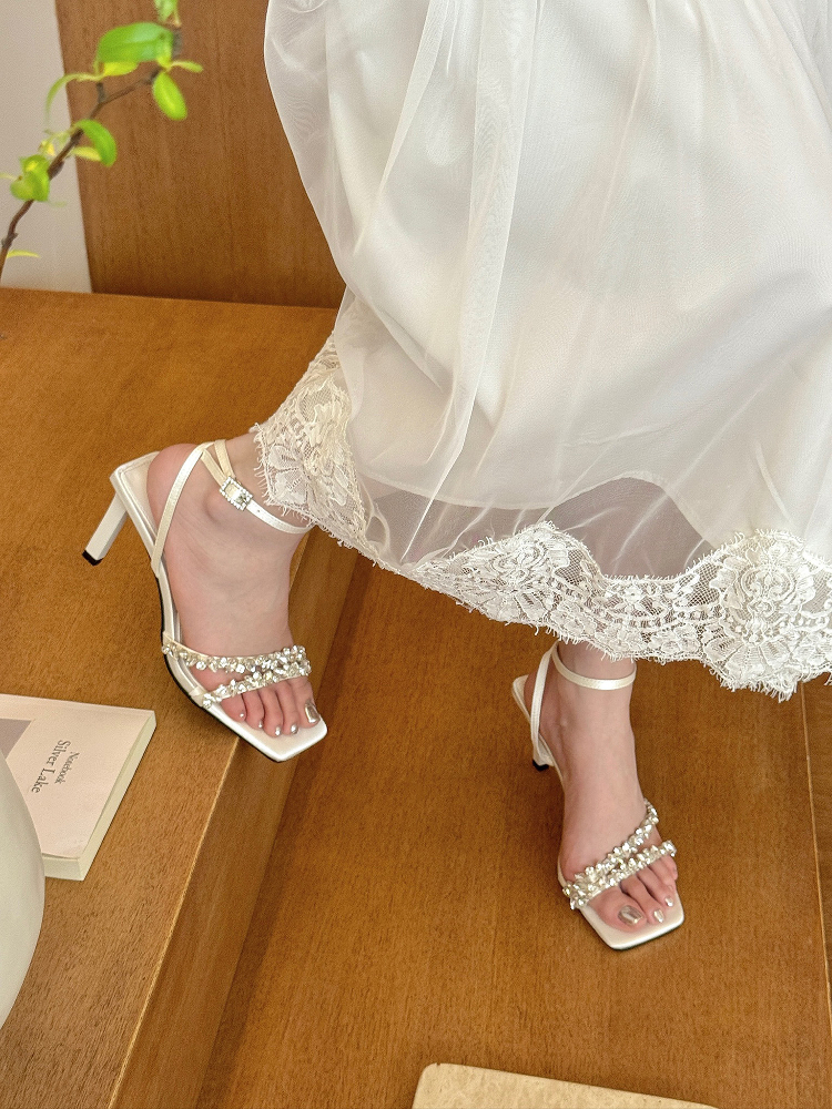 Elegant White One-Strap Rhinestone Square-Toe Stiletto High-Heeled Sandals for Summer Socialite Style Elegant White One-Strap Rhinestone Square-Toe Stiletto High-Heeled Sandals for Summer Socialite Style