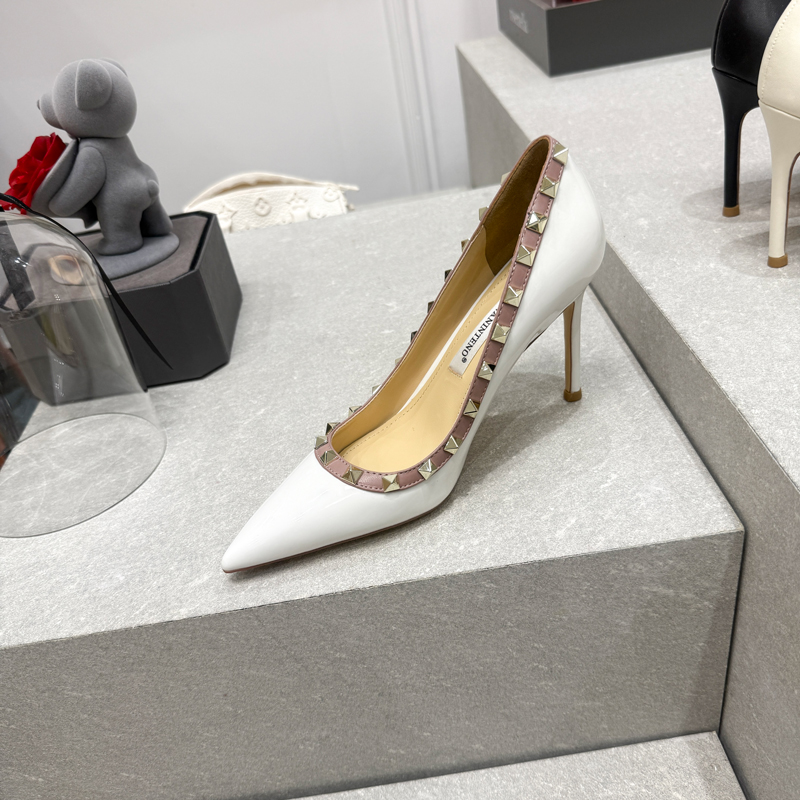 Elegant White Patent Leather Color-Blocking Studded Ultra-High Heel Shoes - Spring 2025 Fashion
