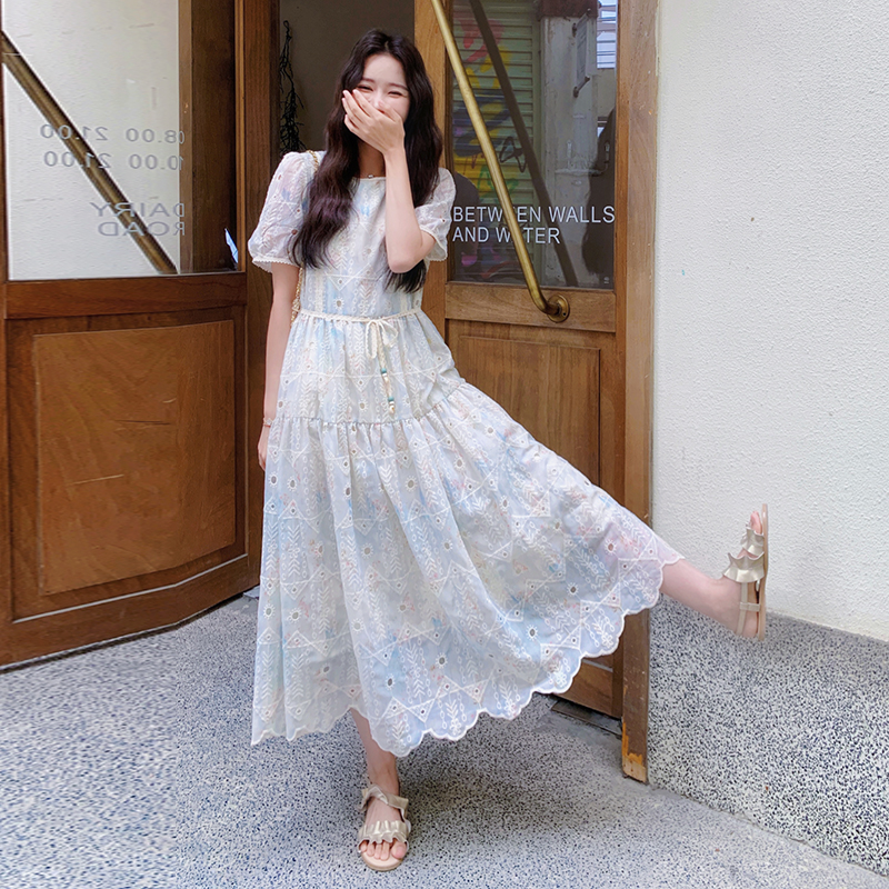 Elegant White Puff Sleeve Dress for Women - Summer 2025 Tea Break Style, Waist-Cinching, Long Length, Gentle Temperament Fashion