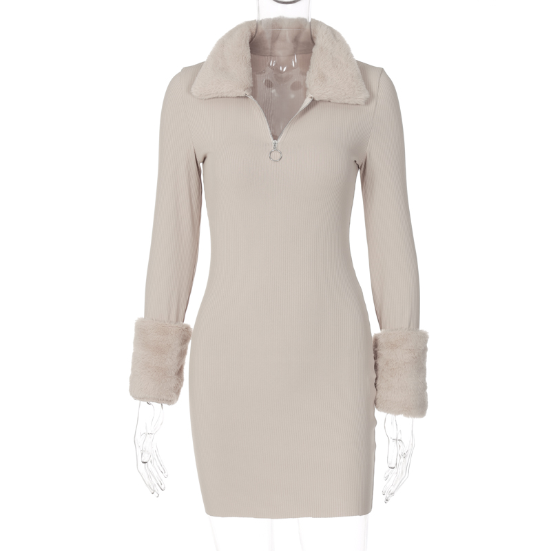 Elegant Winter Knitted Dress for Women, Fur Patchwork, Half-Open Collar, Long Sleeve, European American Style, 2025 Fashion