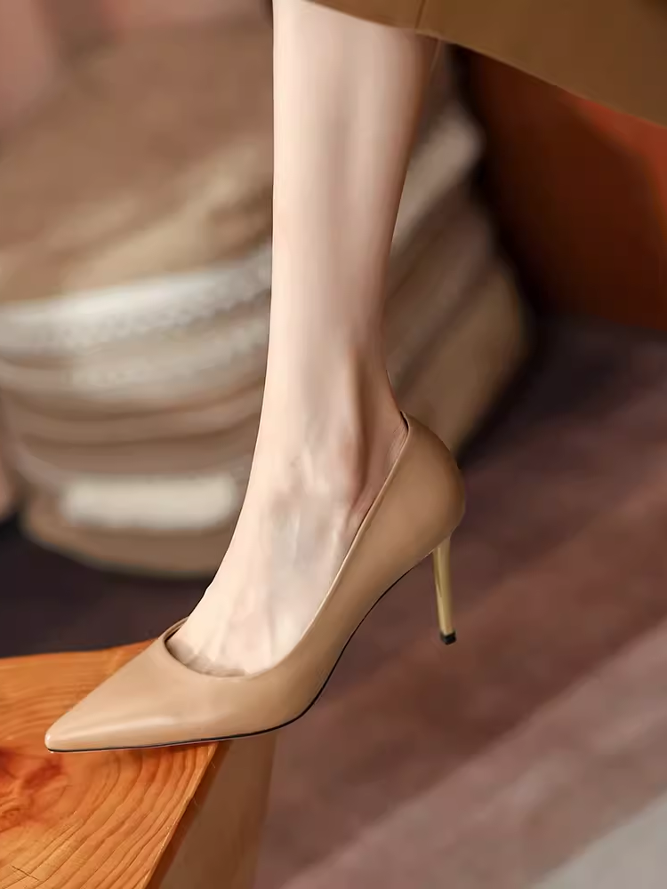 Elegant Women's Genuine Leather Pointed Toe High Heels - 8.5cm Thin Heel Soft Sole Sheepskin Flats for a Chic Look Elegant Women's Genuine Leather Pointed Toe High Heels - 8.5cm Thin Heel Soft Sole Sheepskin Flats for a Chic Look