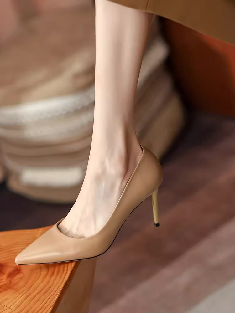 Elegant Women's Genuine Leather Pointed Toe High Heels - 8.5cm Thin Heel Soft Sole Sheepskin Flats for a Chic Look Elegant Women's Genuine Leather Pointed Toe High Heels - 8.5cm Thin Heel Soft Sole Sheepskin Flats for a Chic Look