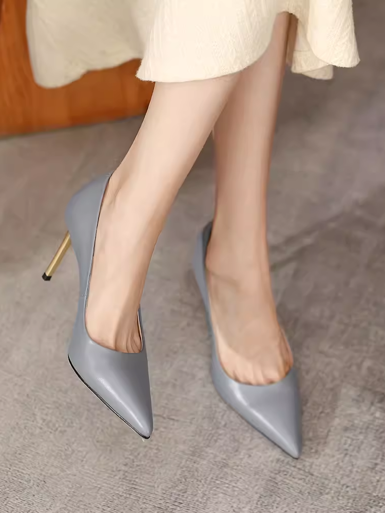 Elegant Women's Genuine Leather Pointed Toe High Heels - 8.5cm Thin Heel Soft Sole Sheepskin Flats for a Chic Look