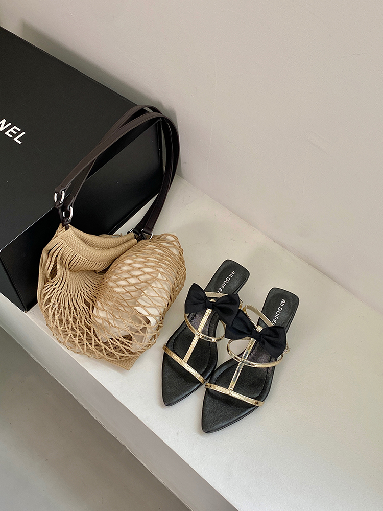 Elegant Women's High-Heeled Sandals - Roman Style with Single Strap, Golden Pointed Toe and Bow - Chic Fashion Footwear