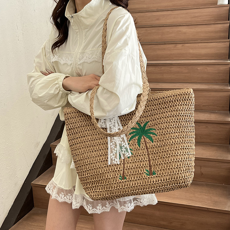 Embroidered Coconut Tree Woven Tote Bag for Women - Large Capacity Stylish Beach Vacation Tote Embroidered Coconut Tree Woven Tote Bag for Women - Large Capacity Stylish Beach Vacation Tote
