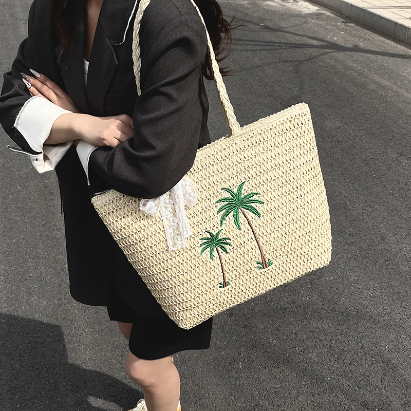 Embroidered Coconut Tree Woven Tote Bag for Women - Large Capacity Stylish Beach Vacation Tote