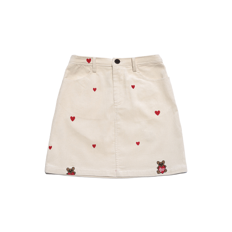 Embroidered Heart Bear Corduroy Barn-Style Jacket and Skirt Set - Y2K Inspired Fashion Embroidered Heart Bear Corduroy Barn-Style Jacket and Skirt Set - Y2K Inspired Fashion