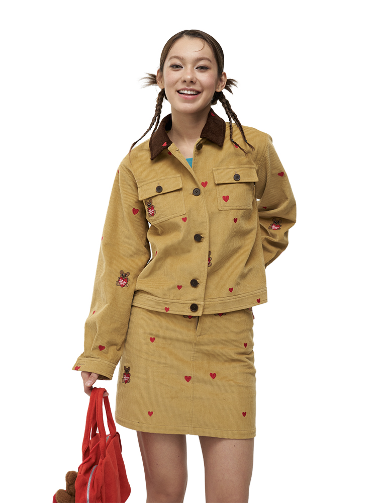 Embroidered Heart Bear Corduroy Barn-Style Jacket and Skirt Set - Y2K Inspired Fashion Embroidered Heart Bear Corduroy Barn-Style Jacket and Skirt Set - Y2K Inspired Fashion