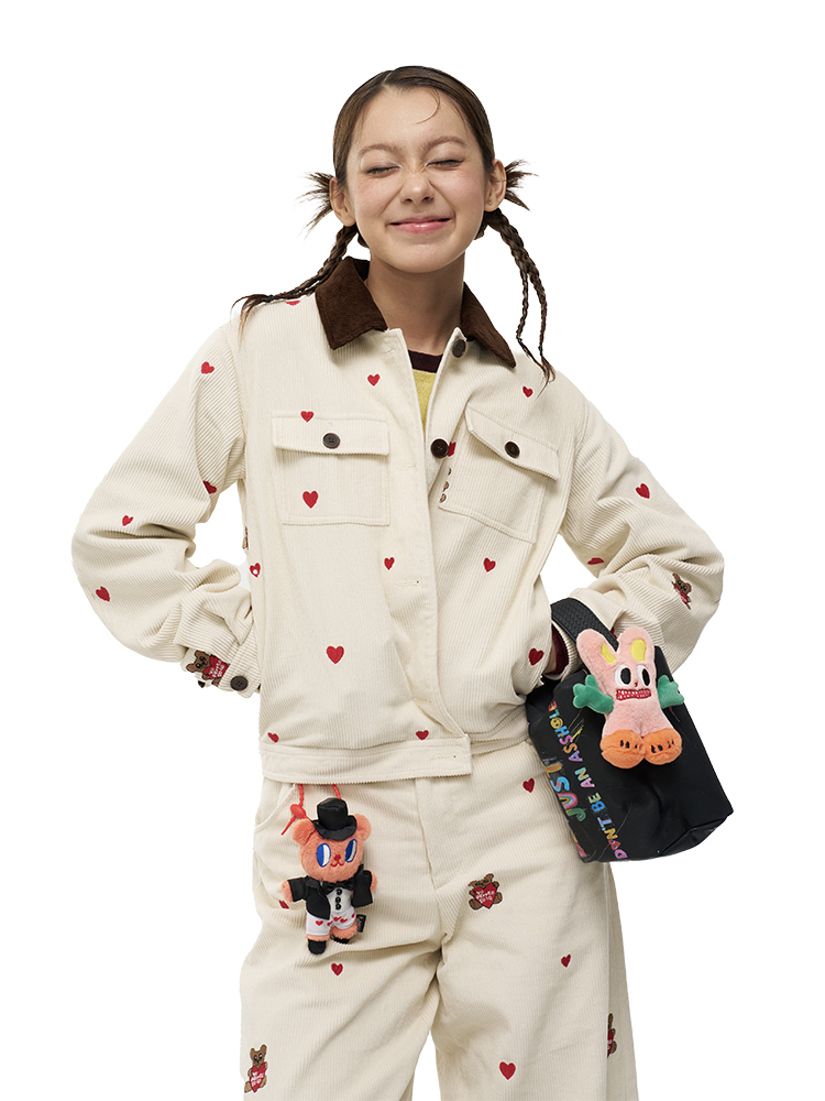 Embroidered Heart Bear Corduroy Barn-Style Jacket and Skirt Set - Y2K Inspired Fashion Embroidered Heart Bear Corduroy Barn-Style Jacket and Skirt Set - Y2K Inspired Fashion