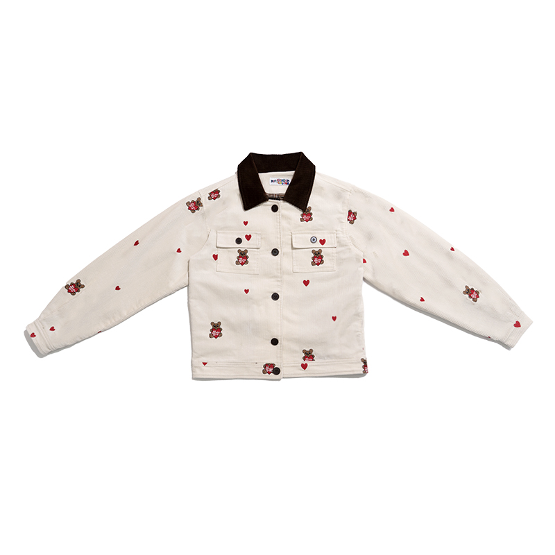 Embroidered Heart Bear Corduroy Barn-Style Jacket and Skirt Set - Y2K Inspired Fashion