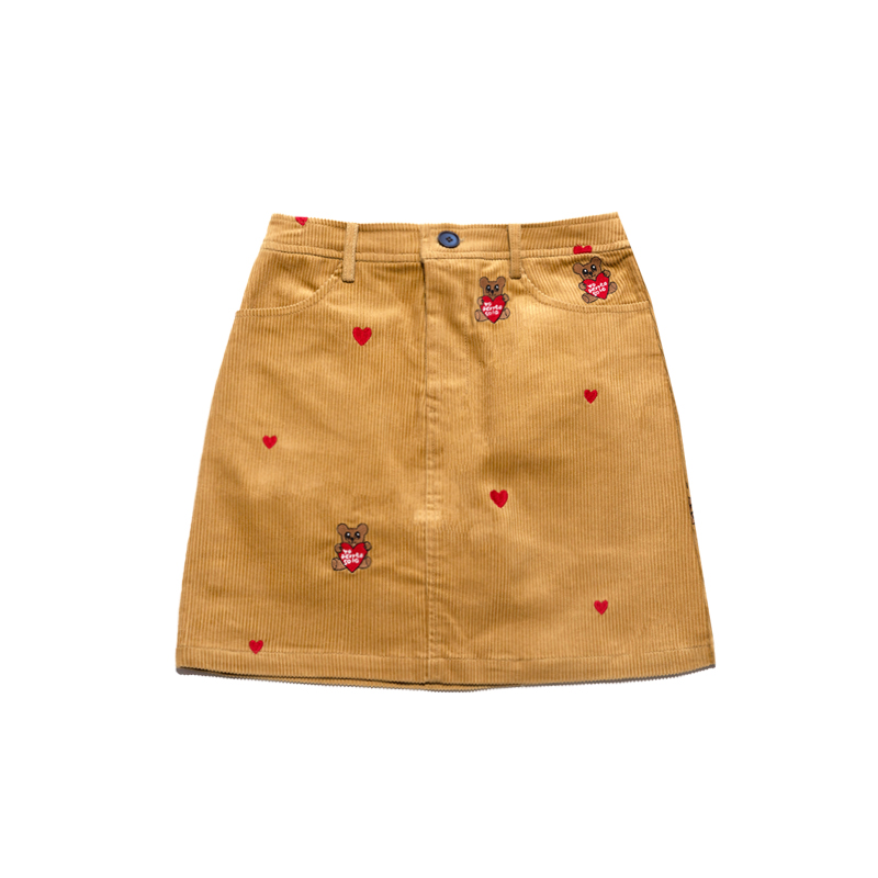 Embroidered Heart Bear Corduroy Barn-Style Jacket and Skirt Set - Y2K Inspired Fashion Embroidered Heart Bear Corduroy Barn-Style Jacket and Skirt Set - Y2K Inspired Fashion