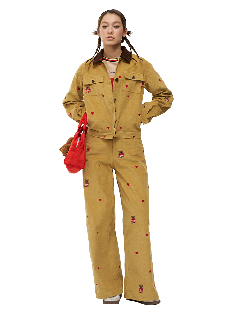 Embroidered Heart Bear Corduroy Wide-Leg Pants - Casual Straight-Leg Trousers, Y2K Style, Artist Design, Trendy Fashion Embroidered Heart Bear Corduroy Wide-Leg Pants - Casual Straight-Leg Trousers, Y2K Style, Artist Design, Trendy Fashion