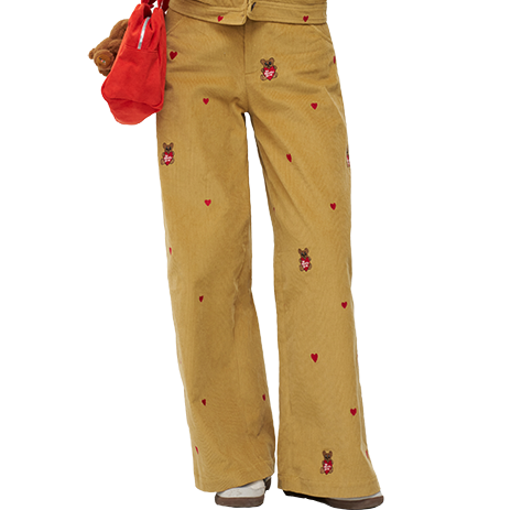 Embroidered Heart Bear Corduroy Wide-Leg Pants - Casual Straight-Leg Trousers, Y2K Style, Artist Design, Trendy Fashion Embroidered Heart Bear Corduroy Wide-Leg Pants - Casual Straight-Leg Trousers, Y2K Style, Artist Design, Trendy Fashion