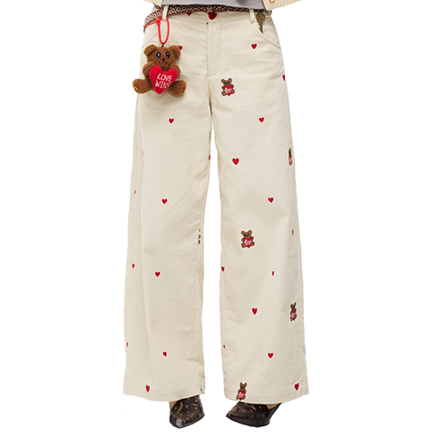 Embroidered Heart Bear Corduroy Wide-Leg Pants - Casual Straight-Leg Trousers, Y2K Style, Artist Design, Trendy Fashion