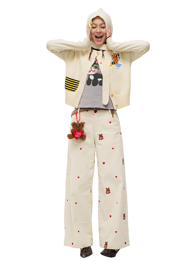 Embroidered Heart Bear Corduroy Wide-Leg Pants - Casual Straight-Leg Trousers, Y2K Style, Artist Design, Trendy Fashion