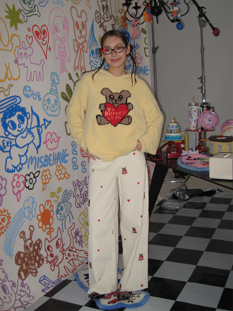 Embroidered Heart Bear Corduroy Wide-Leg Pants - Casual Straight-Leg Trousers, Y2K Style, Artist Design, Trendy Fashion Embroidered Heart Bear Corduroy Wide-Leg Pants - Casual Straight-Leg Trousers, Y2K Style, Artist Design, Trendy Fashion