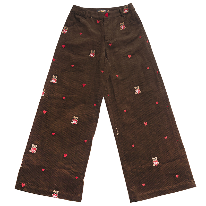 Embroidered Heart Bear Corduroy Wide-Leg Pants - Casual Straight-Leg Trousers, Y2K Style, Artist Design, Trendy Fashion Embroidered Heart Bear Corduroy Wide-Leg Pants - Casual Straight-Leg Trousers, Y2K Style, Artist Design, Trendy Fashion
