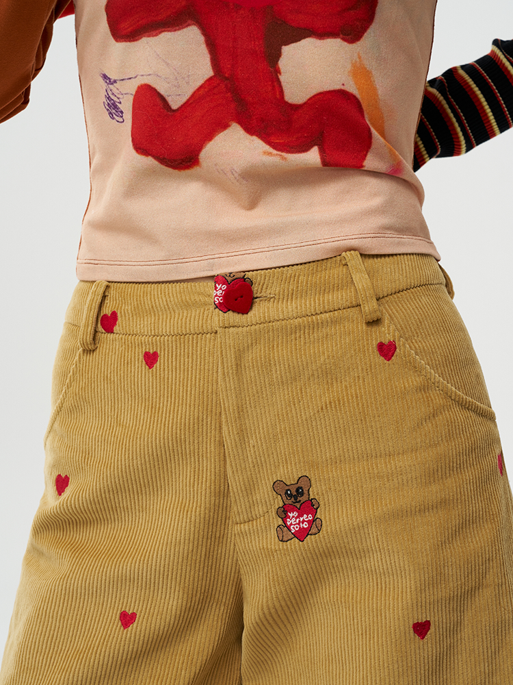 Embroidered Heart Bear Corduroy Wide-Leg Pants - Casual Straight-Leg Trousers, Y2K Style, Artist Design, Trendy Fashion Embroidered Heart Bear Corduroy Wide-Leg Pants - Casual Straight-Leg Trousers, Y2K Style, Artist Design, Trendy Fashion