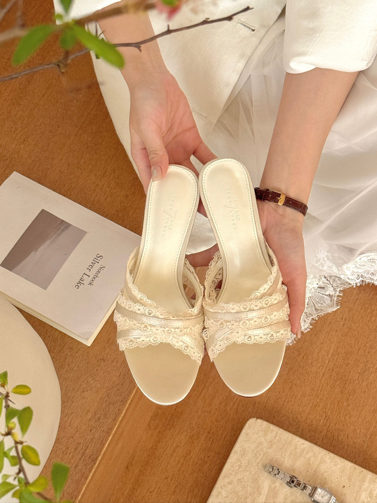 Ethereal Hollowed-Out Satin Lace High-Heeled Summer Sandals with Ruffled Edges - Elegant 90s Inspired Footwear Ethereal Hollowed-Out Satin Lace High-Heeled Summer Sandals with Ruffled Edges - Elegant 90s Inspired Footwear