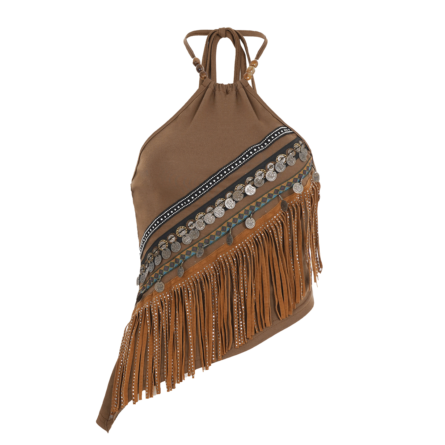 Ethnic Style Metal Decorative Beaded Neck Strap Women's Irregular Slim Short Tassel Vest Top - Boho Chic Fashion