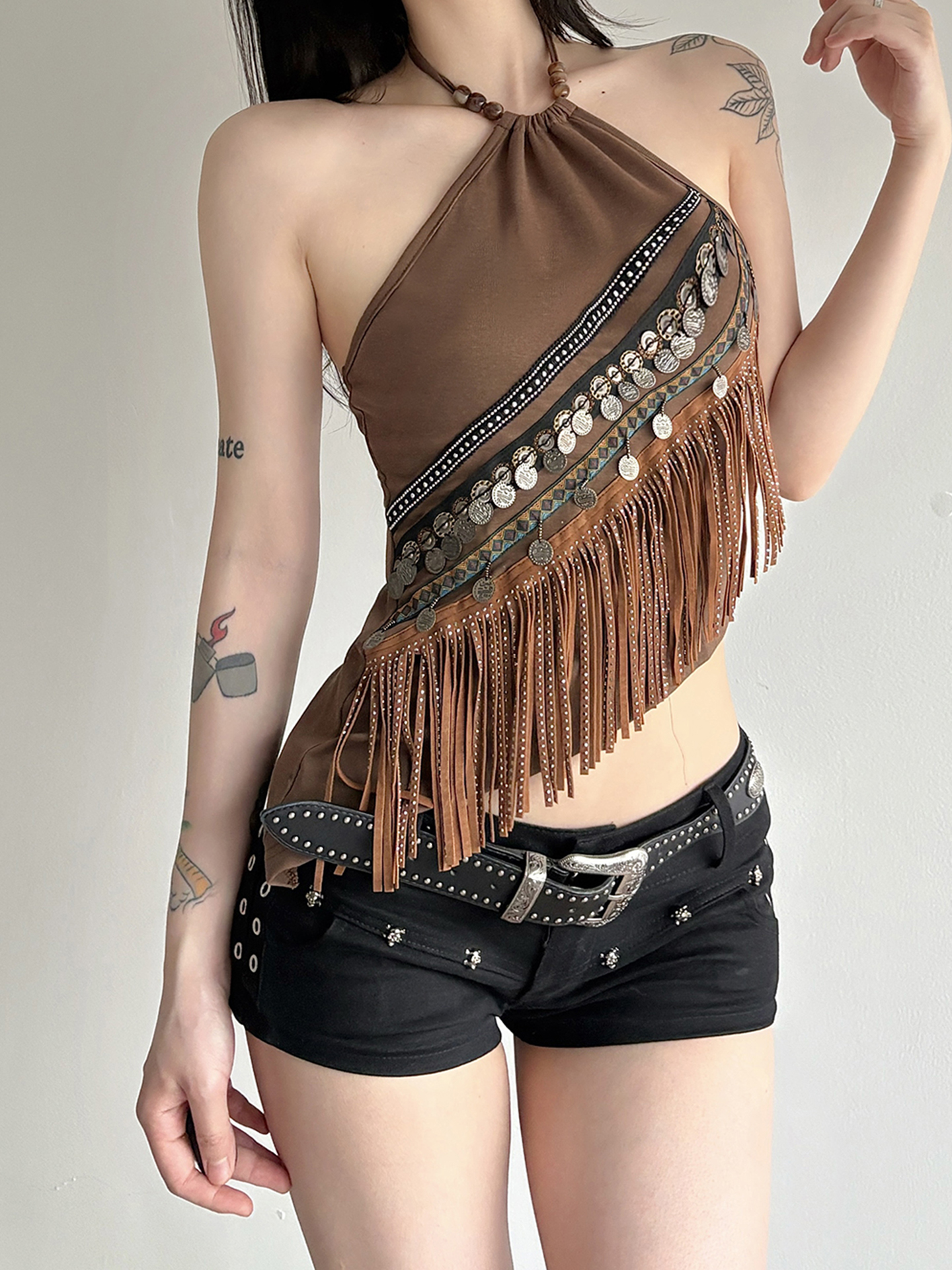 Ethnic Style Metal Decorative Beaded Neck Strap Women's Irregular Slim Short Tassel Vest Top - Boho Chic Fashion