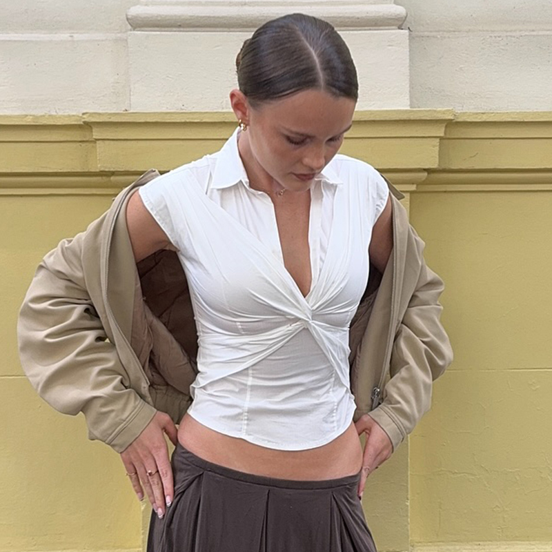 European American Street Style V-Neck Top - Slim Fit Knotted Commuting Shirt for Hot Girls European American Street Style V-Neck Top - Slim Fit Knotted Commuting Shirt for Hot Girls