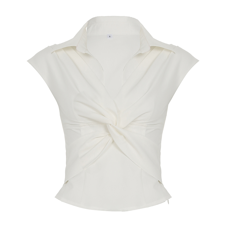 European American Street Style V-Neck Top - Slim Fit Knotted Commuting Shirt for Hot Girls