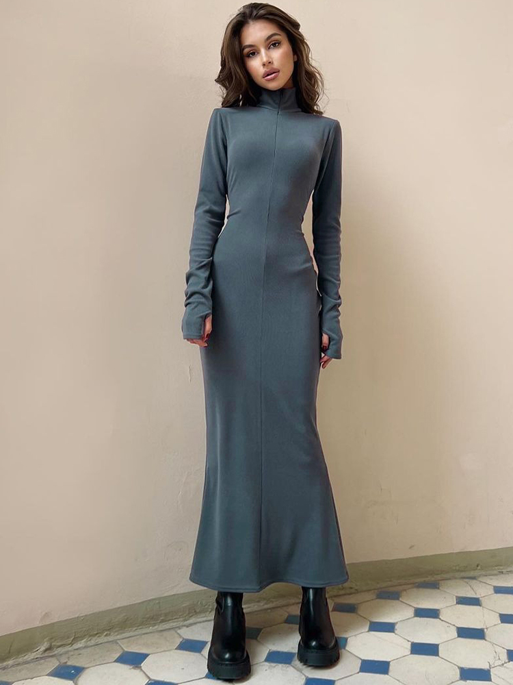 European and American Style Long Sleeve Dress with Invisible Zipper, Shoulder Pads, High Waist, Slim Fit, Knee-Length - Chic Women's Fashion