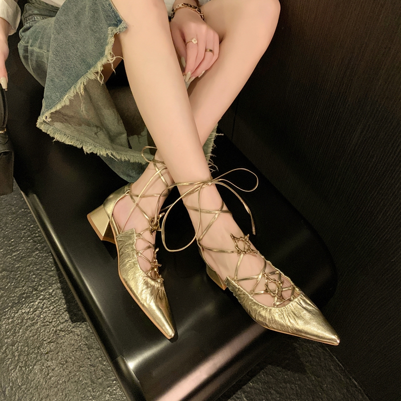 Exotic Fairy-Style Tie-Up Pleated Golden Roman Sandals - Pointed Toe Chunky Heel Silver Vacation Shoes for Women Summer