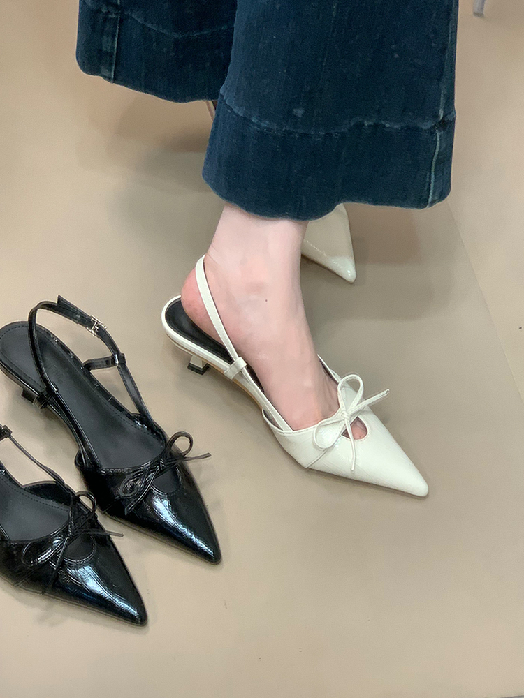 Exquisite French-Style Bow Baotou Sandals for Women - Thin High Heels, Pointed Toe, Elegant Slimming Design, Perfect for Chic Occasions