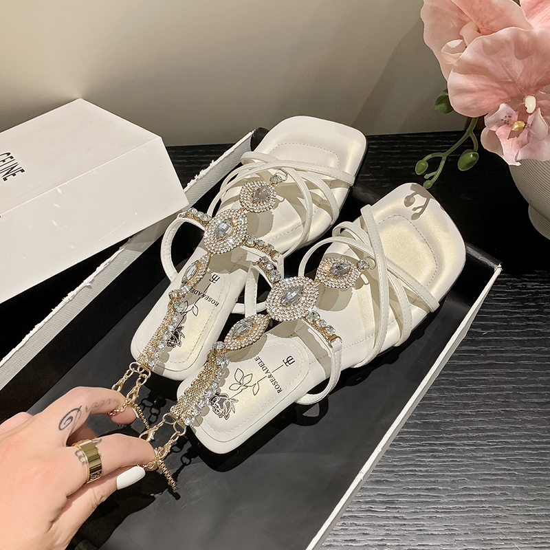 Exquisite Rhinestone Golden One-Strap Roman Sandals for Women - Soft-Sole High Heels for Summer Outdoor Style