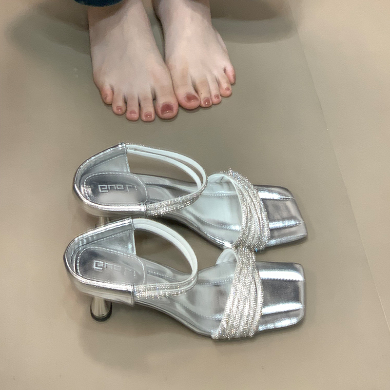 Exquisite Rhinestone Socialite Style Thin Strap Open Toe Slide Sandals for Women - Summer High Heels with Thin Heel Exquisite Rhinestone Socialite Style Thin Strap Open Toe Slide Sandals for Women - Summer High Heels with Thin Heel