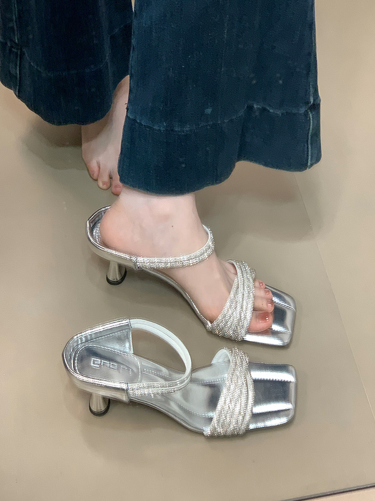 Exquisite Rhinestone Socialite Style Thin Strap Open Toe Slide Sandals for Women - Summer High Heels with Thin Heel Exquisite Rhinestone Socialite Style Thin Strap Open Toe Slide Sandals for Women - Summer High Heels with Thin Heel