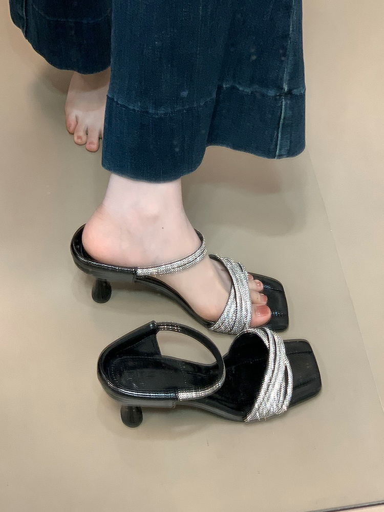 Exquisite Rhinestone Socialite Style Thin Strap Open Toe Slide Sandals for Women - Summer High Heels with Thin Heel Exquisite Rhinestone Socialite Style Thin Strap Open Toe Slide Sandals for Women - Summer High Heels with Thin Heel
