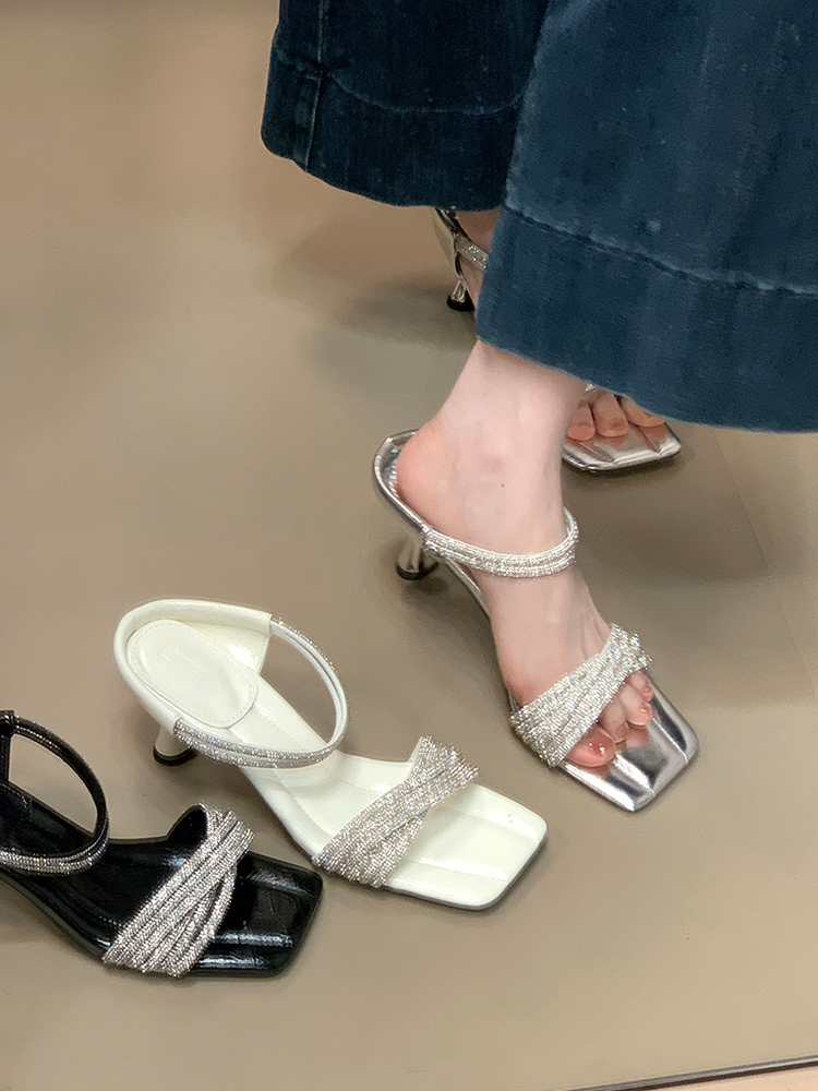 Exquisite Rhinestone Socialite Style Thin Strap Open Toe Slide Sandals for Women - Summer High Heels with Thin Heel Exquisite Rhinestone Socialite Style Thin Strap Open Toe Slide Sandals for Women - Summer High Heels with Thin Heel