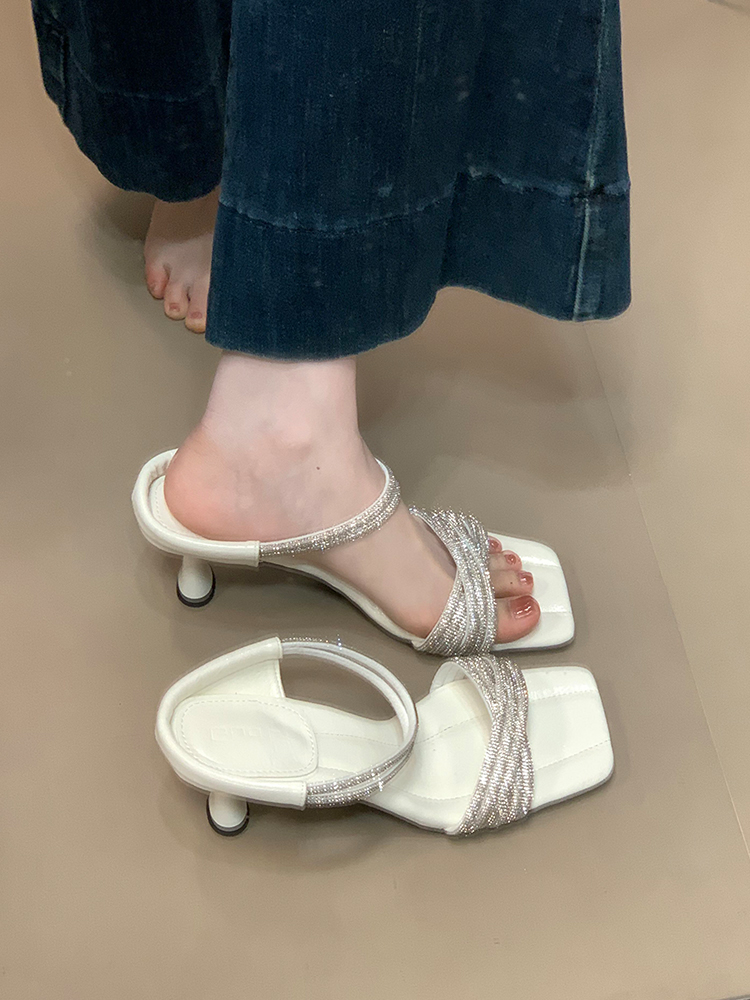 Exquisite Rhinestone Socialite Style Thin Strap Open Toe Slide Sandals for Women - Summer High Heels with Thin Heel Exquisite Rhinestone Socialite Style Thin Strap Open Toe Slide Sandals for Women - Summer High Heels with Thin Heel