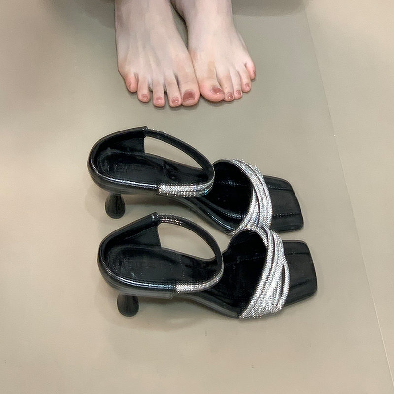 Exquisite Rhinestone Socialite Style Thin Strap Open Toe Slide Sandals for Women - Summer High Heels with Thin Heel Exquisite Rhinestone Socialite Style Thin Strap Open Toe Slide Sandals for Women - Summer High Heels with Thin Heel