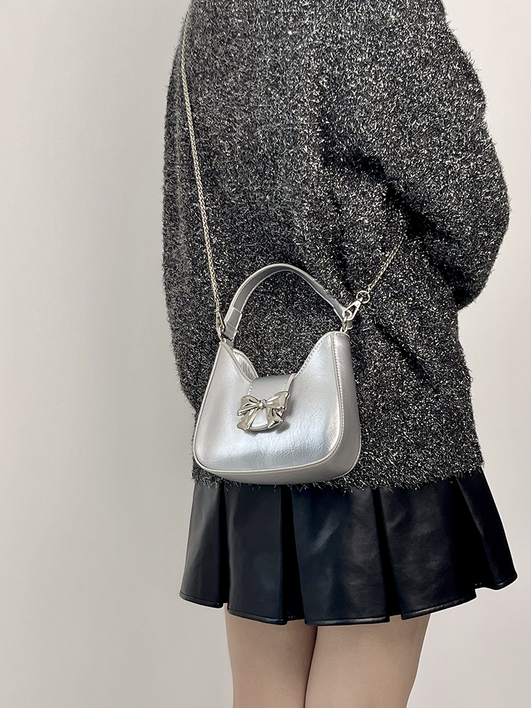 Exquisite Silver Bow Chain Handheld Crossbody Bag for Women - 2025 Niche Design Small Purse Exquisite Silver Bow Chain Handheld Crossbody Bag for Women - 2025 Niche Design Small Purse