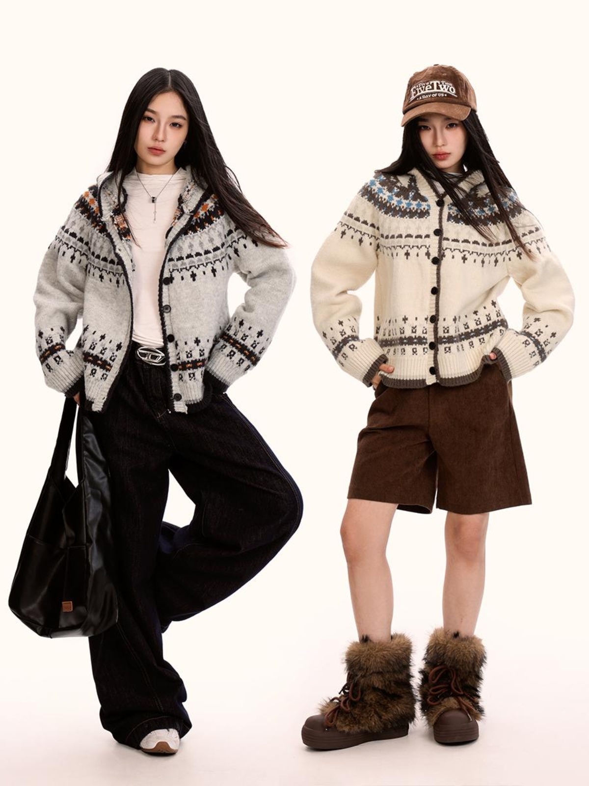 Fair Isle Hooded Sweater Cardigan for Women - Loose Vintage Knitwear in Trendy Autumn Winter Style Fair Isle Hooded Sweater Cardigan for Women - Loose Vintage Knitwear in Trendy Autumn Winter Style