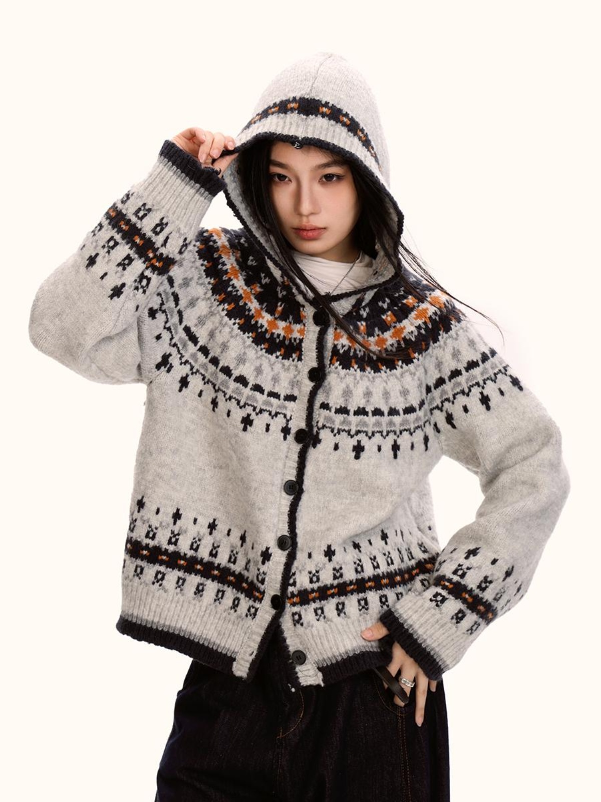 Fair Isle Hooded Sweater Cardigan for Women - Loose Vintage Knitwear in Trendy Autumn Winter Style