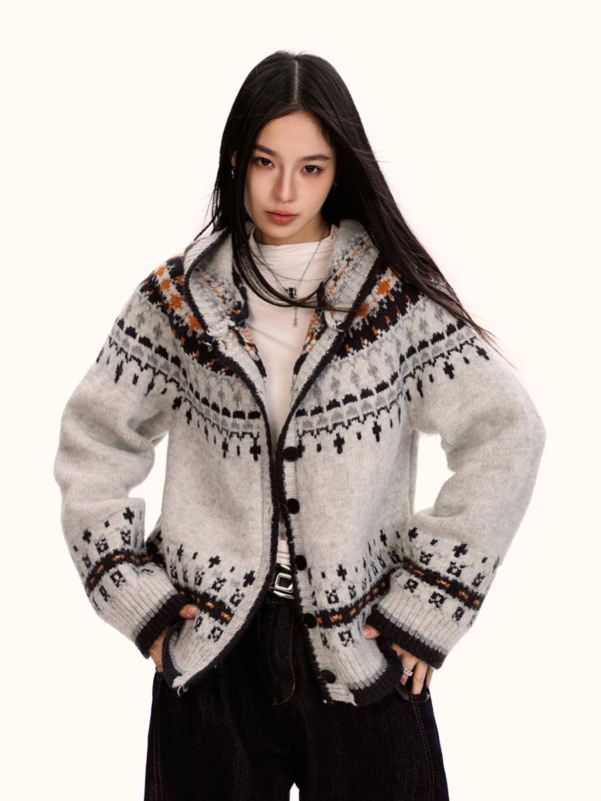 Fair Isle Hooded Sweater Cardigan for Women - Loose Vintage Knitwear in Trendy Autumn Winter Style Fair Isle Hooded Sweater Cardigan for Women - Loose Vintage Knitwear in Trendy Autumn Winter Style