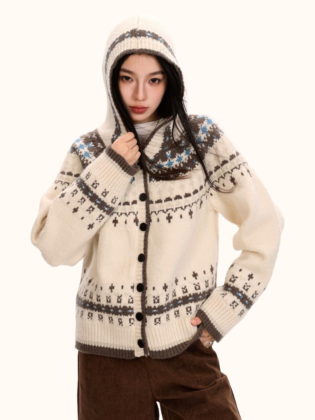 Fair Isle Hooded Sweater Cardigan for Women - Loose Vintage Knitwear in Trendy Autumn Winter Style Fair Isle Hooded Sweater Cardigan for Women - Loose Vintage Knitwear in Trendy Autumn Winter Style
