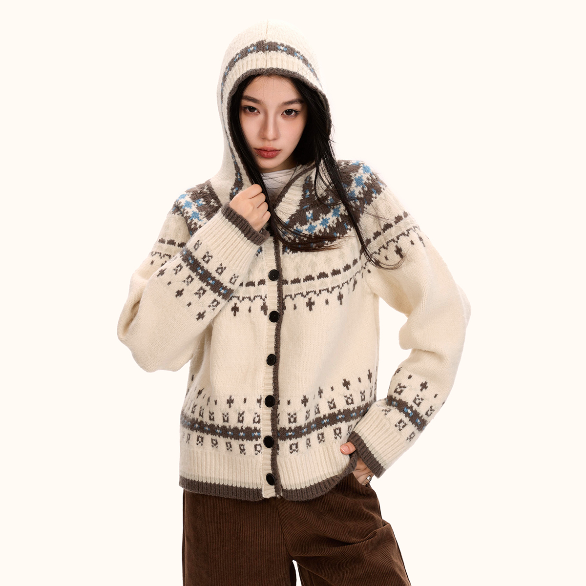 Fair Isle Hooded Sweater Cardigan for Women - Loose Vintage Knitwear in Trendy Autumn Winter Style Fair Isle Hooded Sweater Cardigan for Women - Loose Vintage Knitwear in Trendy Autumn Winter Style