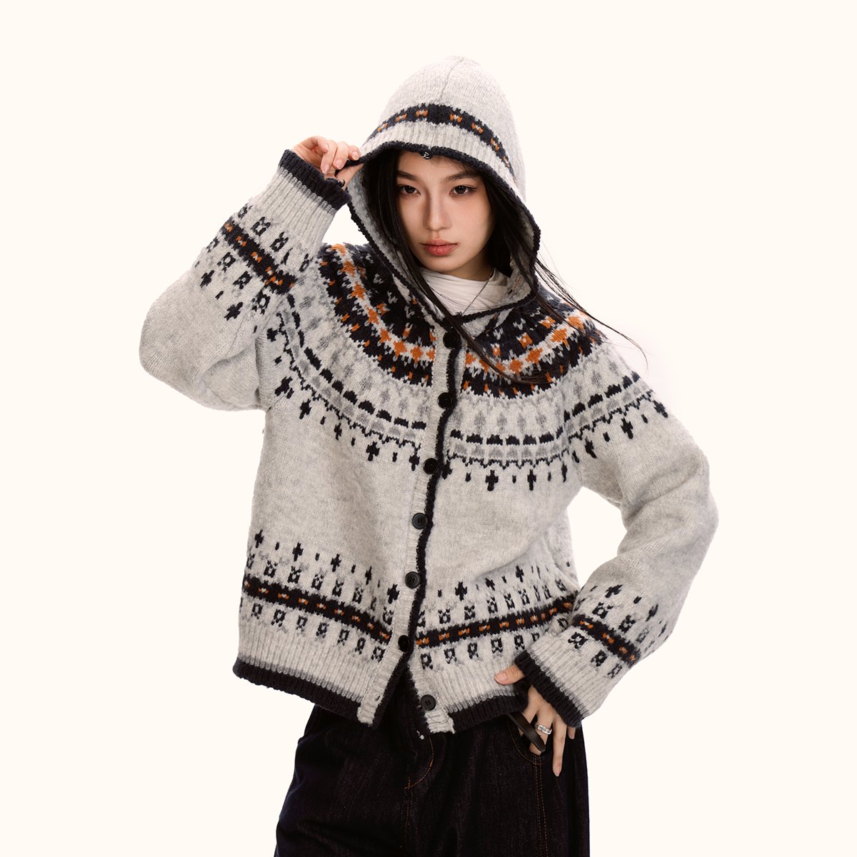 Fair Isle Hooded Sweater Cardigan for Women - Loose Vintage Knitwear in Trendy Autumn Winter Style