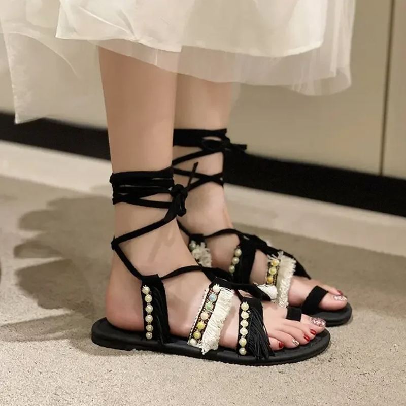 Fairy Style Bohemian Lace-Up Roman Sandals for Women - Genuine Leather Flat Summer Sandals Perfect for Skirts