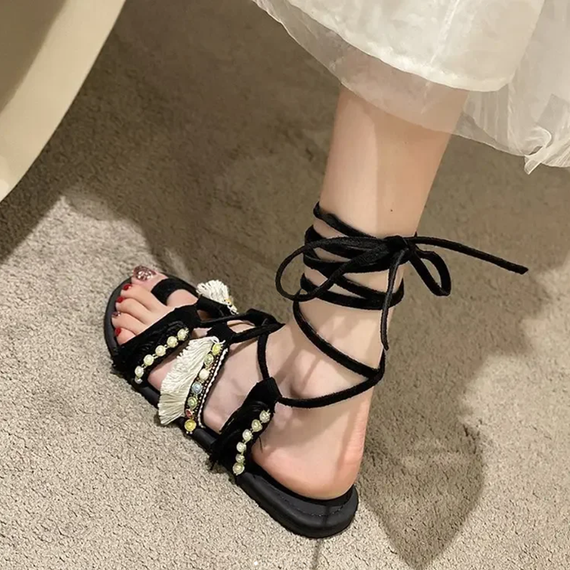 Fairy Style Bohemian Lace-Up Roman Sandals for Women - Genuine Leather Flat Summer Sandals Perfect for Skirts