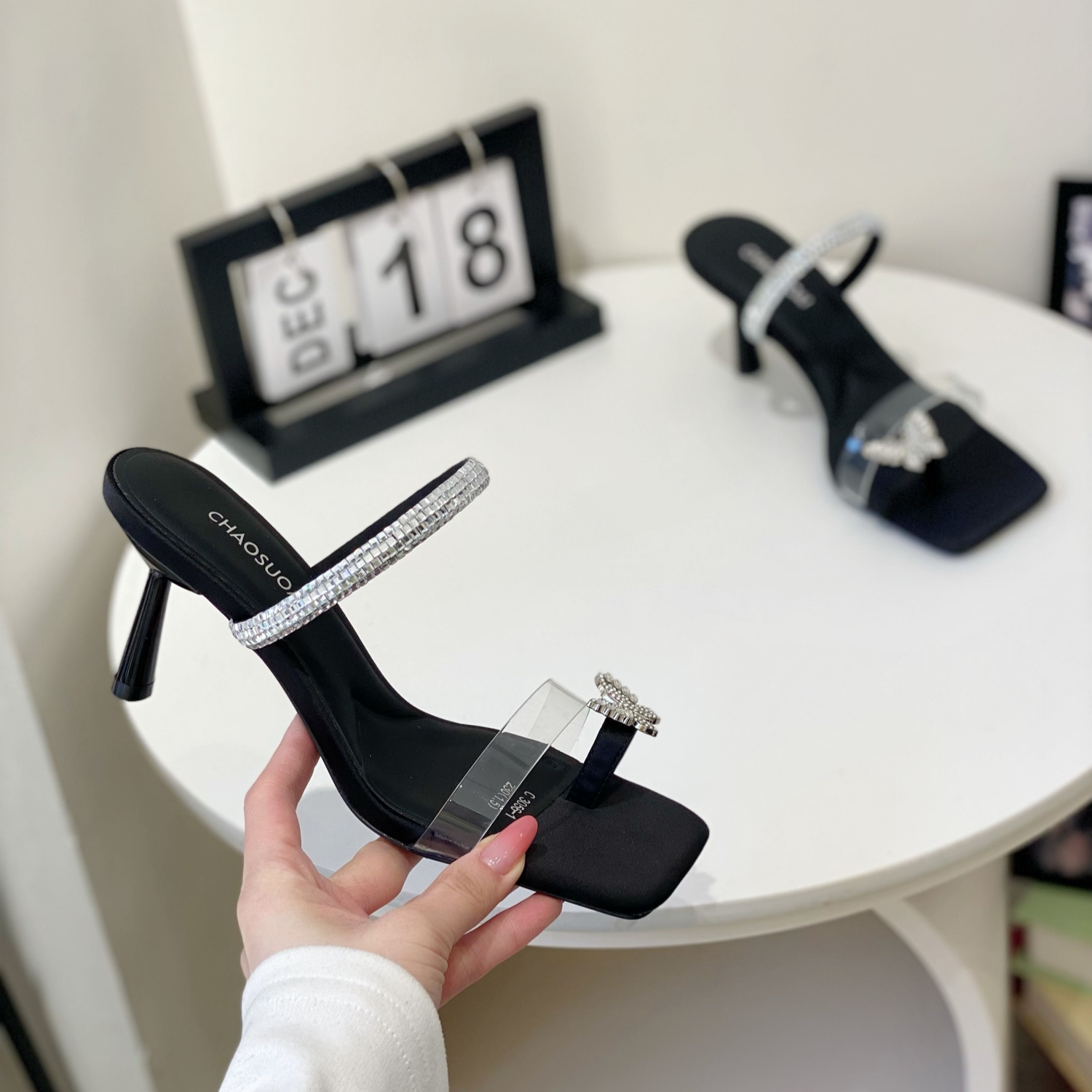 Fairy-Style Crystal Toe Post Sandals for Women - Summer 2025 Outdoor Fashion, Butterfly Thin Heel, Square Toe Flip-Flops