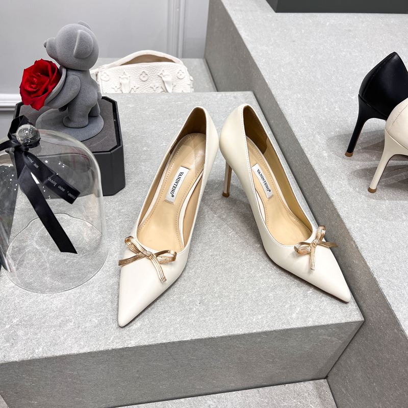 Fairy Style High-Heeled Party Shoes with Pointed Toe and White Bow - Spring Autumn Princess Pumps